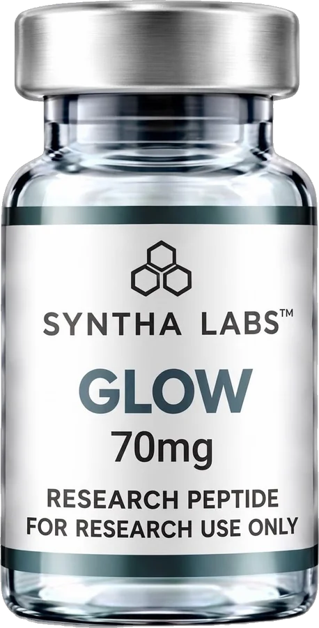 Syntha Labs GLOW 70 mg research vial with silver cap and white label