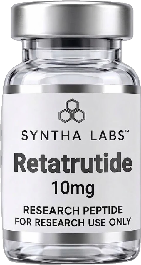 Syntha Labs Retatrutide 10 mg research vial with silver cap and white label