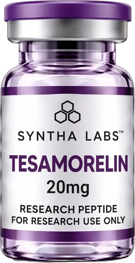 Syntha Labs Tesamorelin 20 mg research vial with silver cap and white label